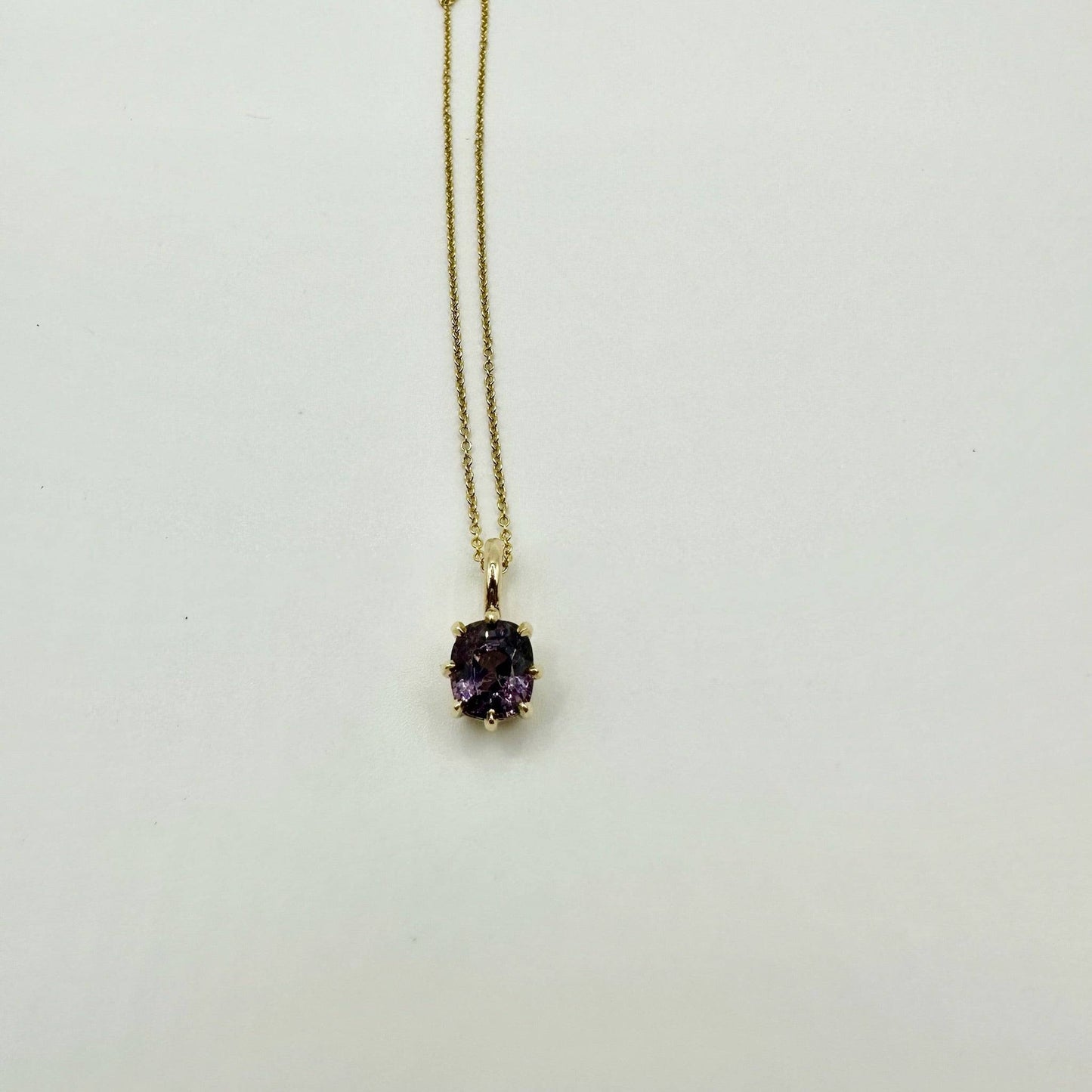 1.3ct Cushion Cut Purple Spinel Claw Pendant + Chain In 14kt Gold